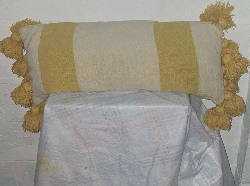 Yellow Beige Striped Rectangular Decorative Pillow with Tassels Textured Fabric